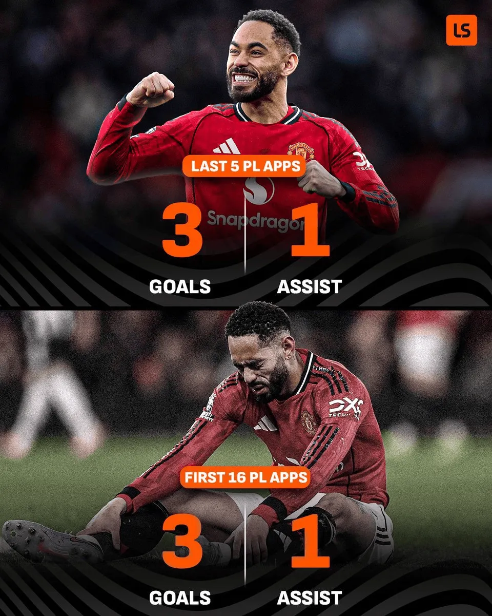 库尼亚近5场英超贡献3球1助，与在曼联的前16场联赛数据相同